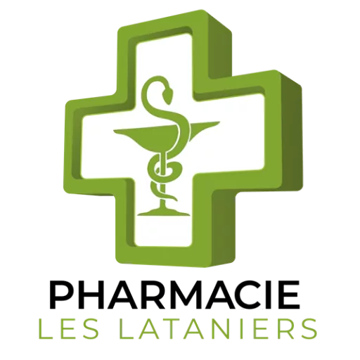 Logo de la Pharmacie Les Lataniers avec une croix verte et un caducée médical.