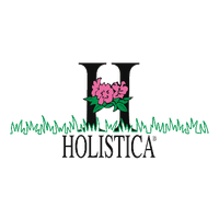 Logo de la marque Holistica avec un H, des fleurs roses et de l’herbe verte