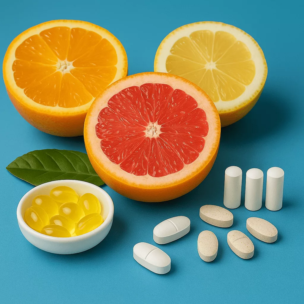 Association de fruits riches en vitamines et de compléments alimentaires