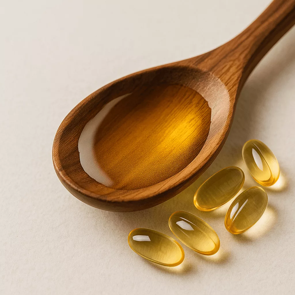 Cuillère avec huile et gélules, sources de compléments peau pour une peau éclatante.