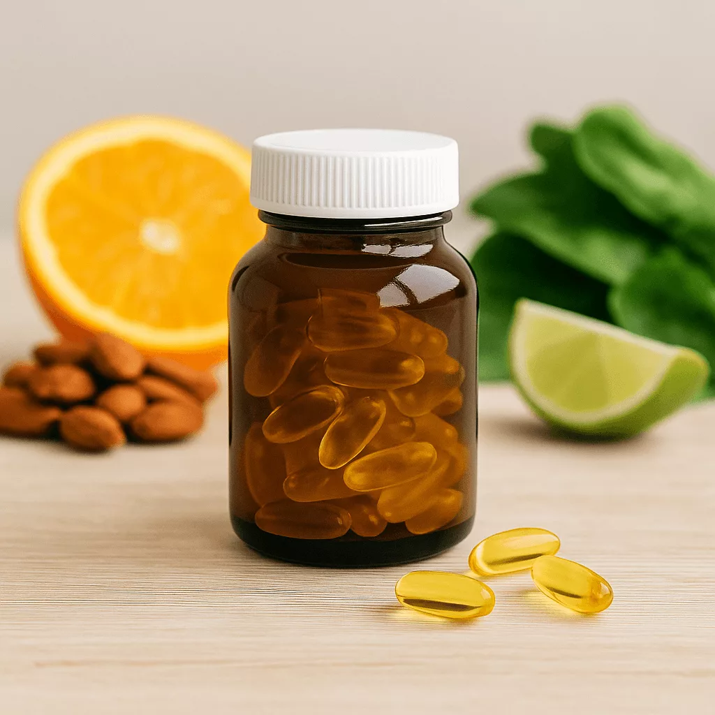 Flacon de gélules avec agrumes et légumes, compléments peau riches en antioxydants.