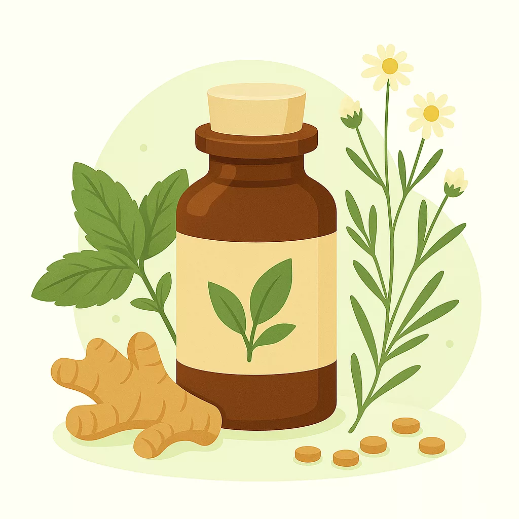 Flacon de phytothérapie accompagné de plantes médicinales comme le gingembre et la camomille, avec des conseils pour vous accompagner naturellement au quotidien.