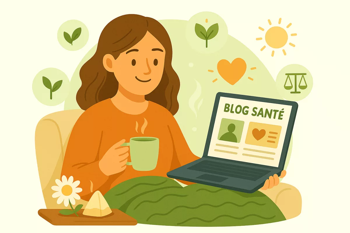 Pharmacienne consultant le blog santé sur une tablette, entourée d’éléments liés à la santé et au bien-être