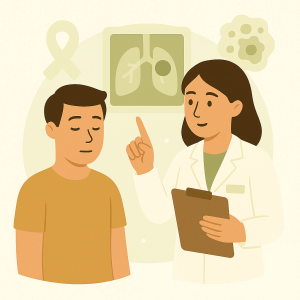 Illustration d’un pharmacien qui accompagne un patient dans son suivi cancérologique.