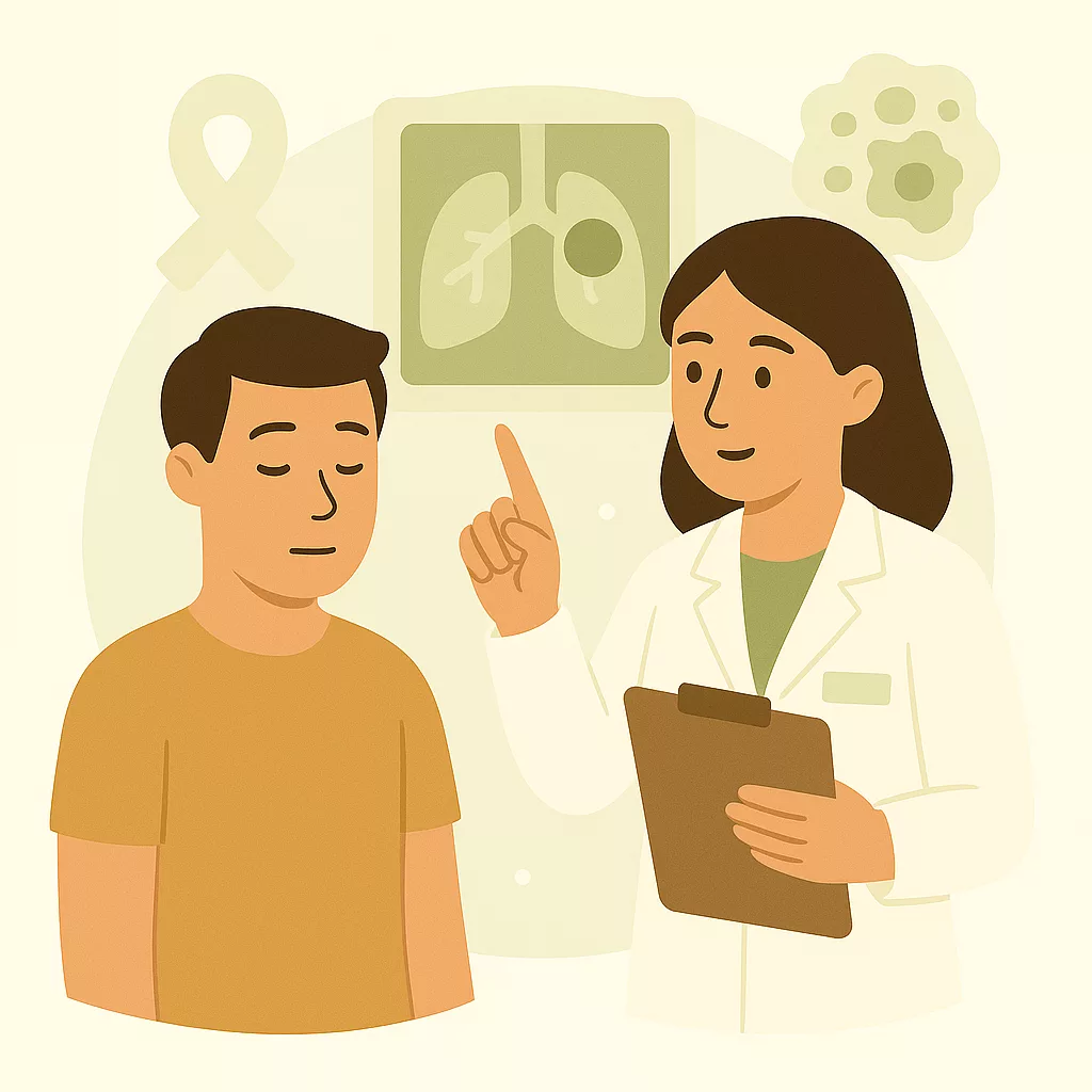 Illustration d’un pharmacien qui accompagne un patient dans son suivi cancérologique.