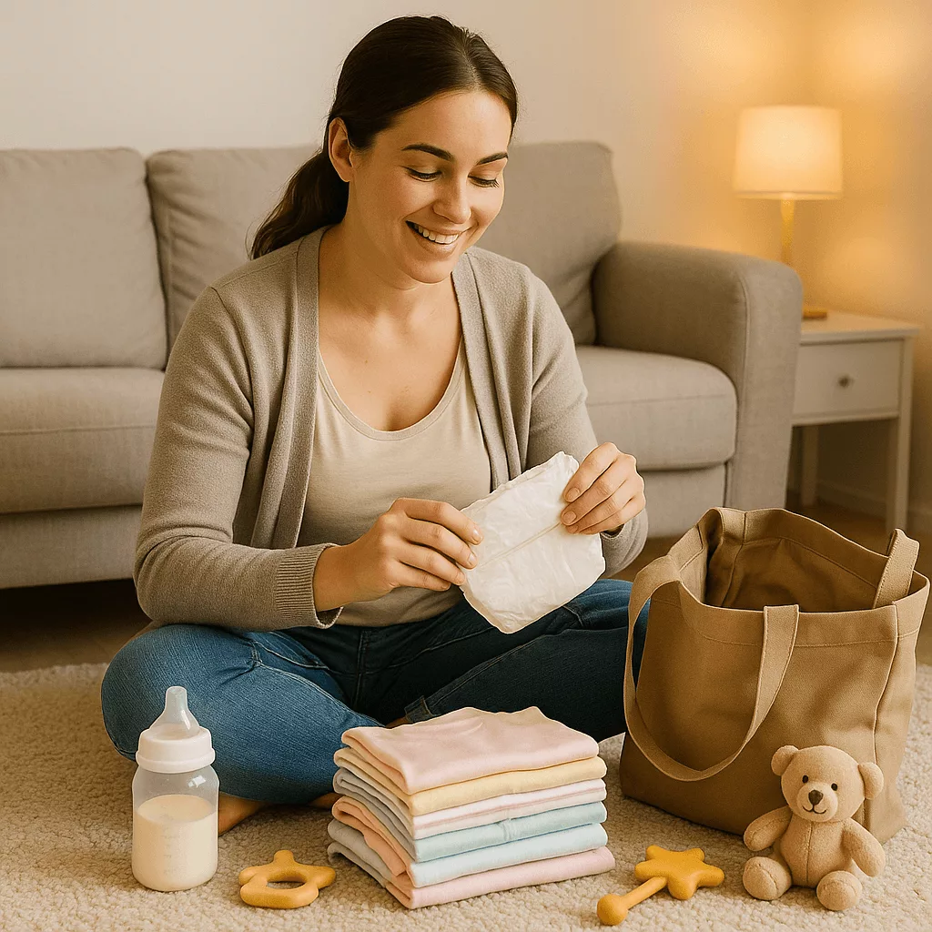 Préparation du sac de maternité avec bébé, avec couches, biberon et doudou