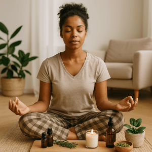 Femme pratiquant la méditation entourée de produits de médecine douce