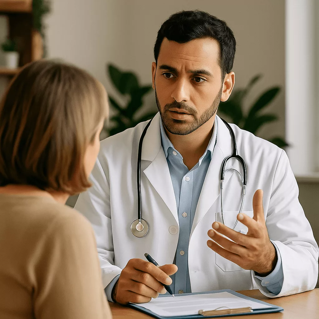 Médecin en consultation expliquant une approche complémentaire à sa patiente