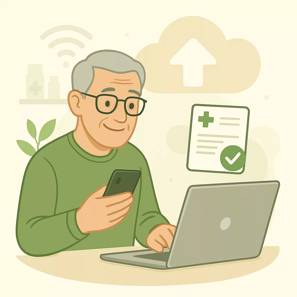 Un homme senior envoie son ordonnance en ligne depuis son ordinateur à la Pharmacie Les Lataniers