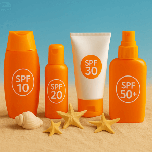 Différents produits solaires classés par indice de protection solaire SPF