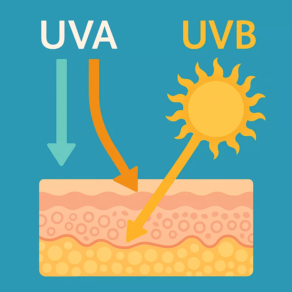 Illustration montrant l’action des rayons UVA et UVB sur la peau sans protection solaire