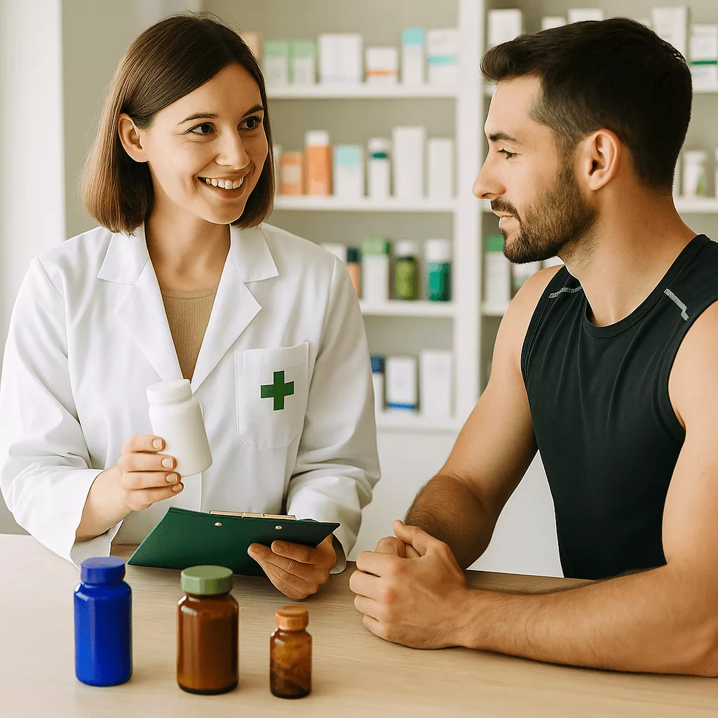 Pharmacienne donnant des conseils sport en pharmacie à un client sportif
