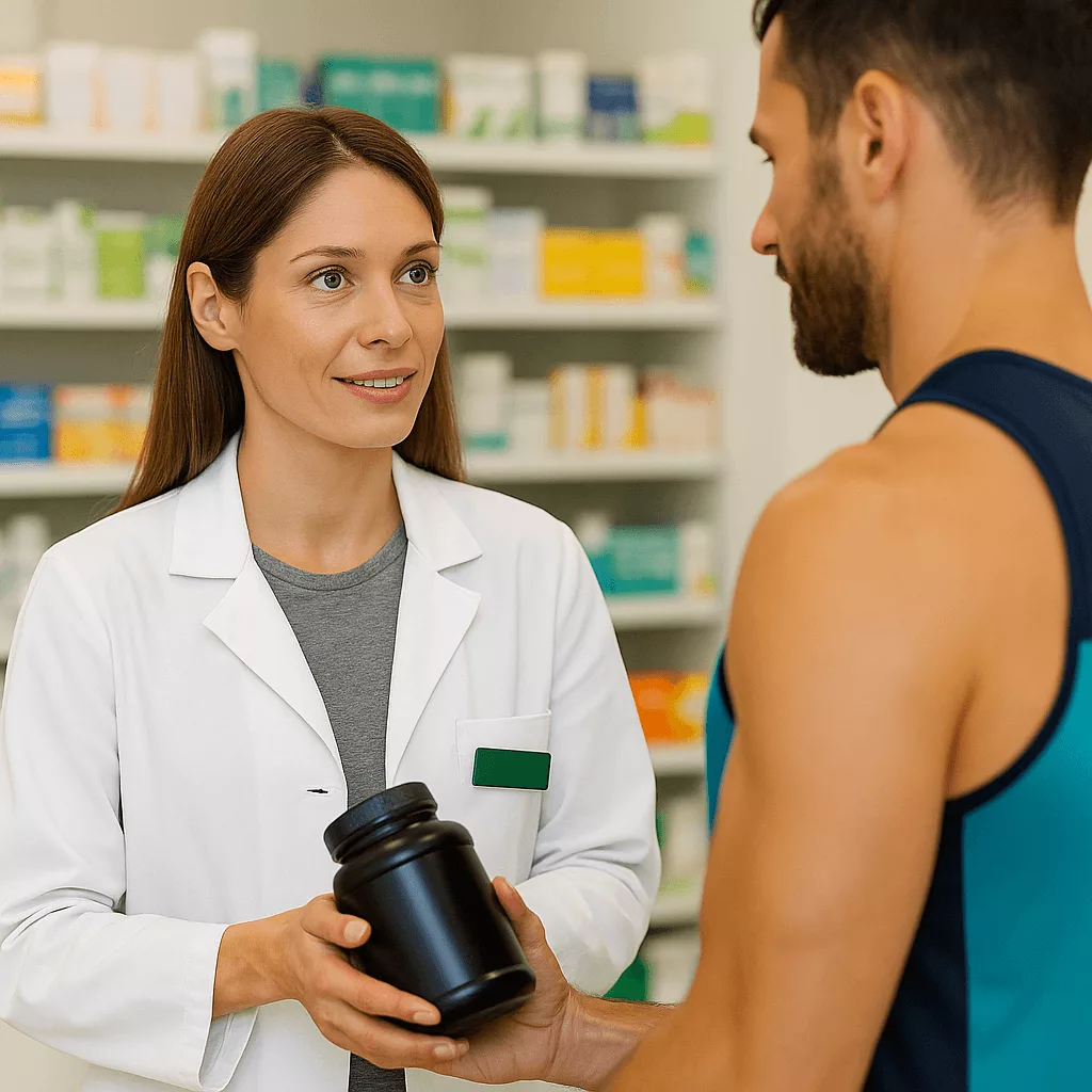 Échange en pharmacie autour de produits de nutrition sportive et conseils personnalisés