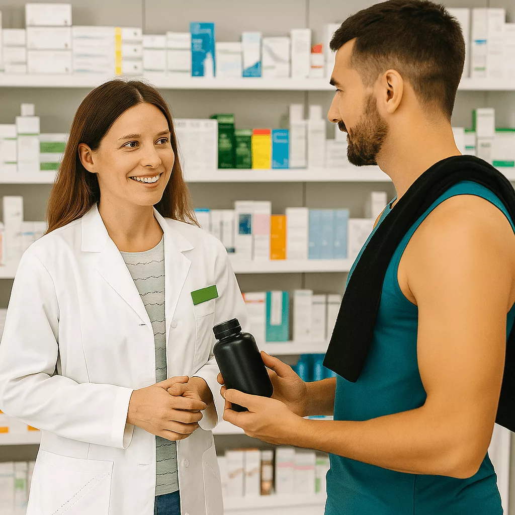 Dialogue entre pharmacienne et sportif autour des conseils sport en pharmacie