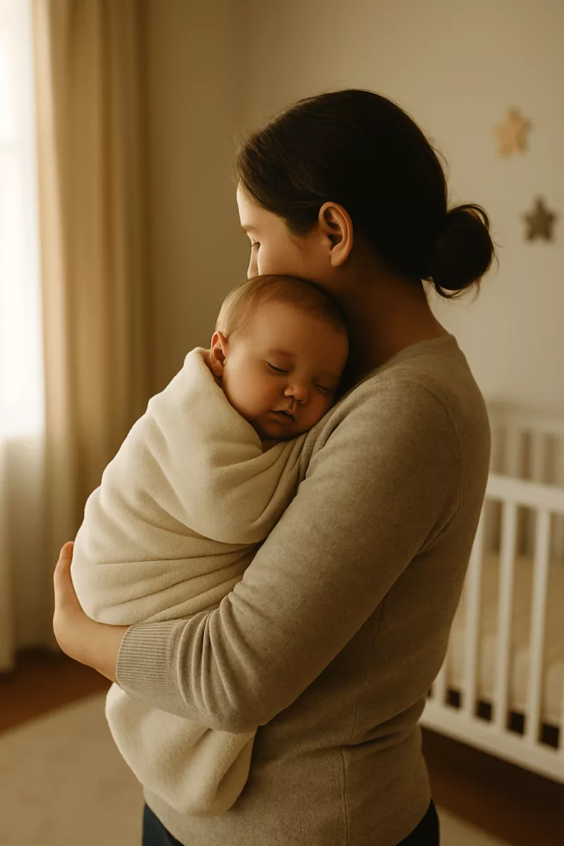 Maman portant tendrement son enfant emmailloté