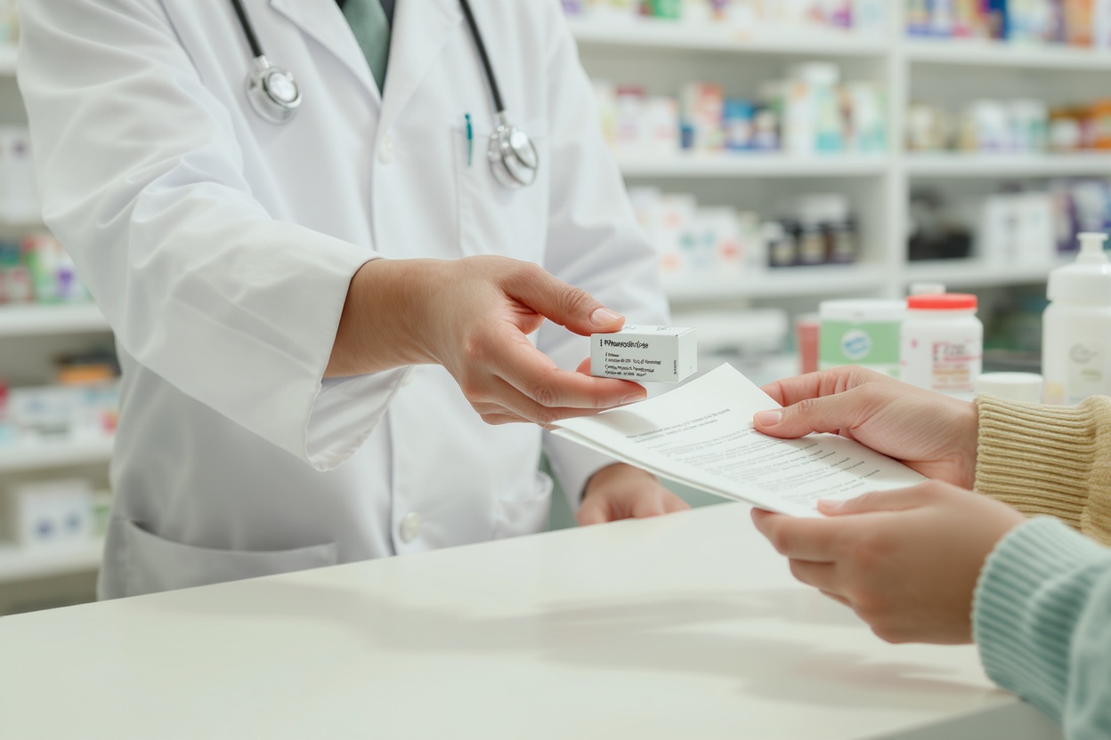 Remise d’une ordonnance et d’une boîte de médicaments au comptoir
