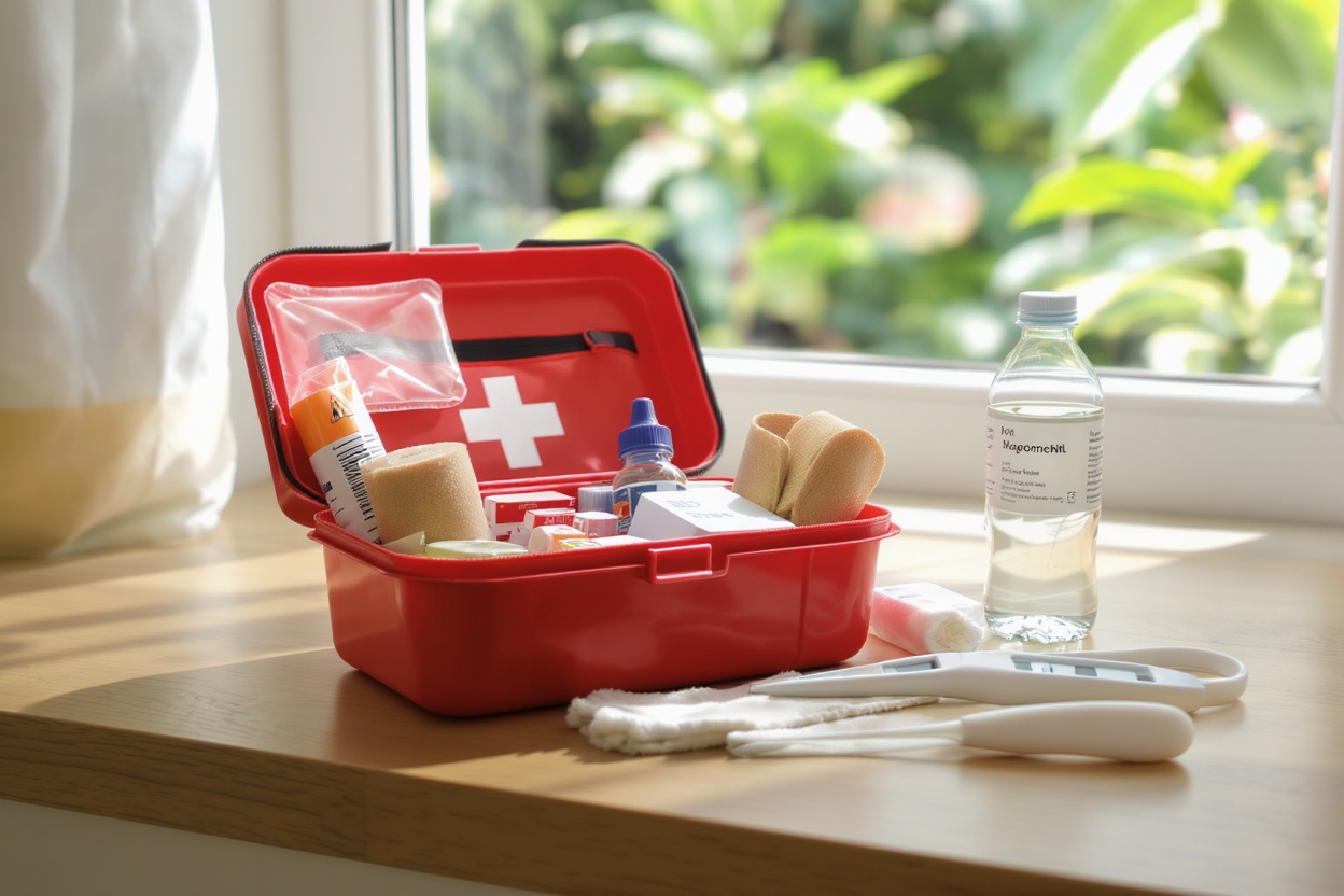 Trousse de secours et médicaments près d’une fenêtre ensoleillée