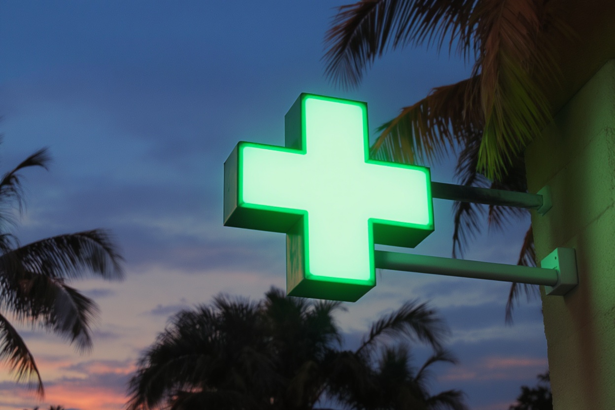 Croix verte de pharmacie illuminée au crépuscule